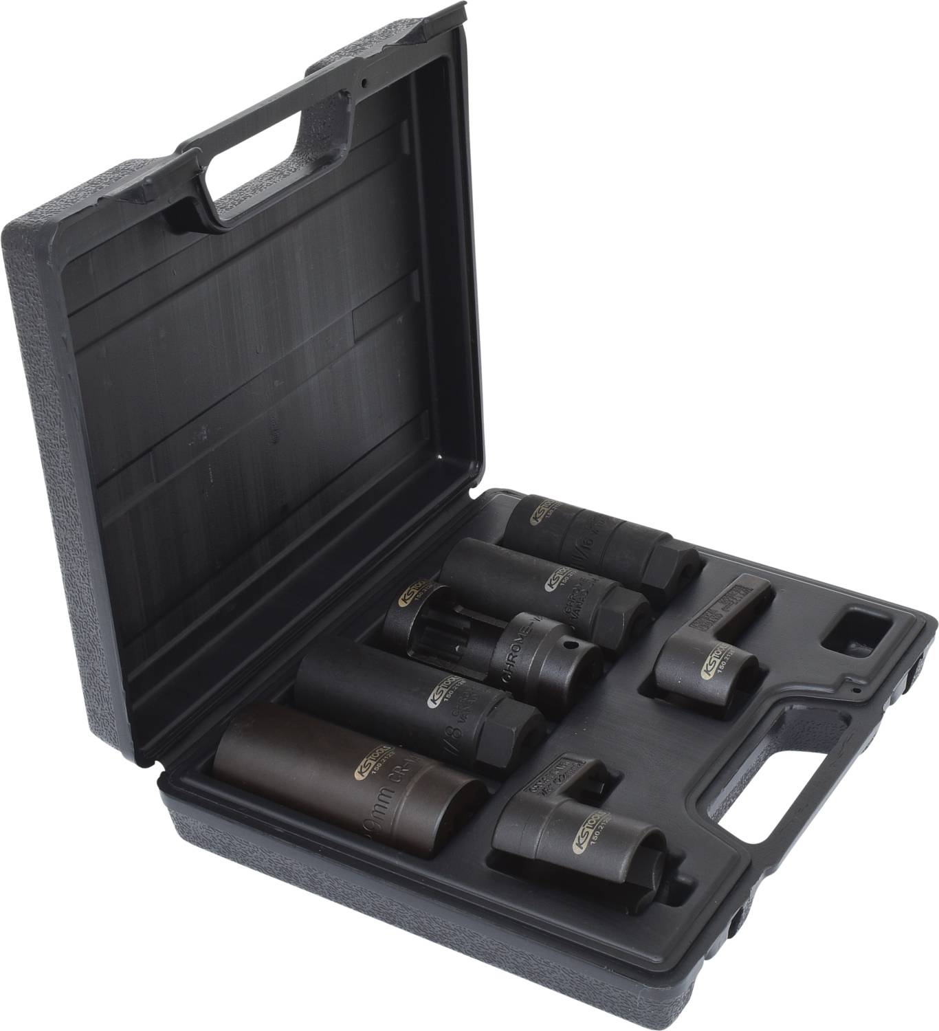 Black plastic carry case with six specialised attachments and tools for professional use, neatly arranged.