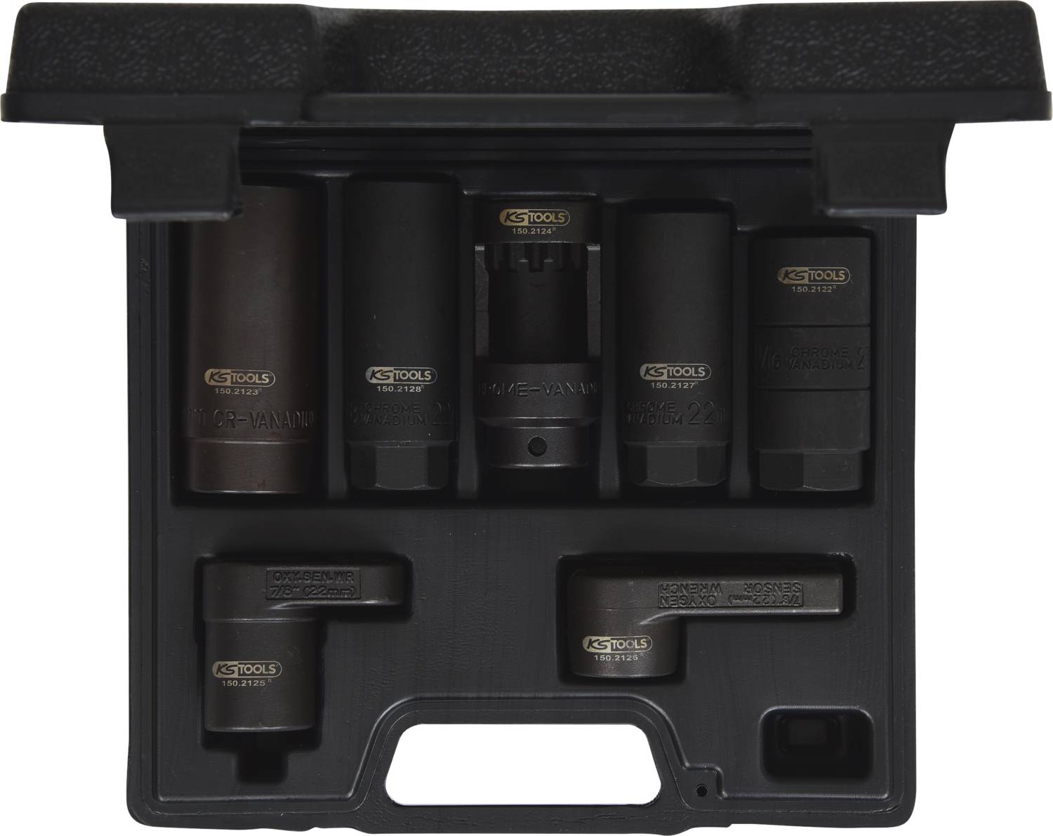 Tool case with various automotive socket wrenches, including long sockets and adapters, in a moulded plastic case.