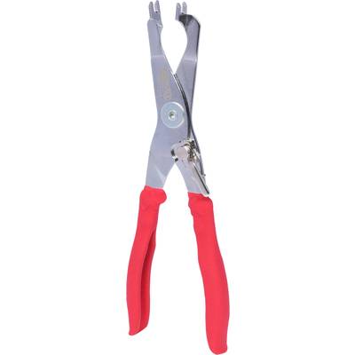 Metal tongs with red, non-slip handles, suitable for clamping hoses.