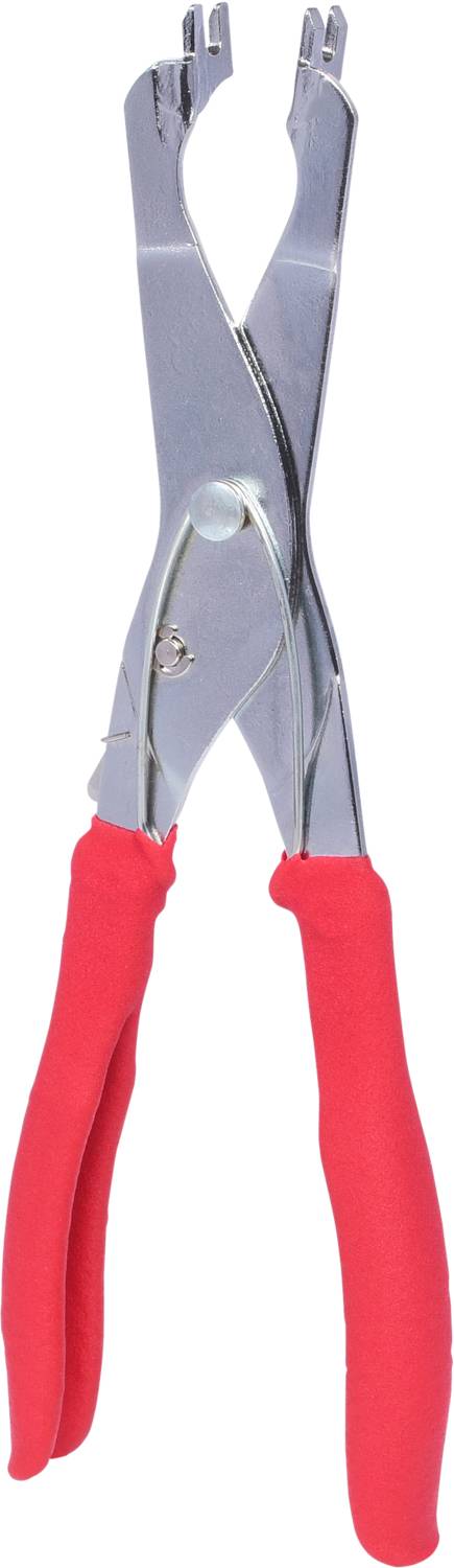 A silver pair of pliers with red handles, open and shown from the front.