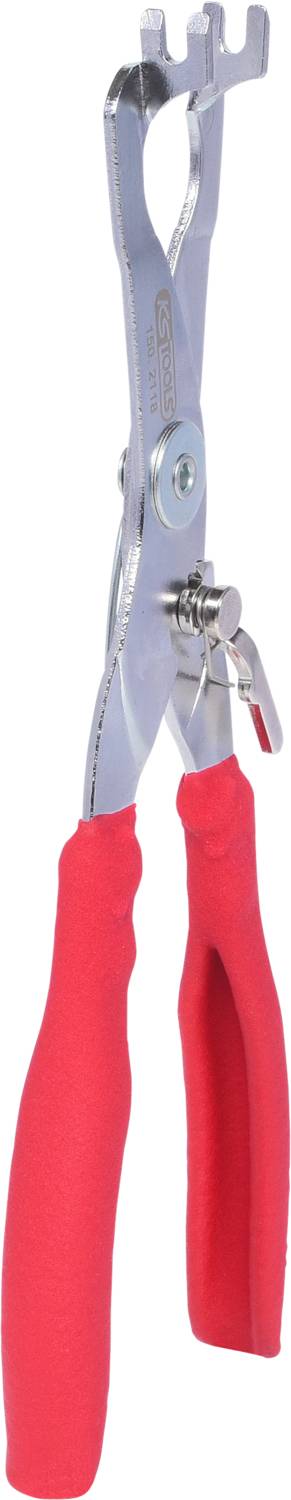 Pliers with red handles and a special gripping mechanism at the upper end. Suitable for specialised technical applications.