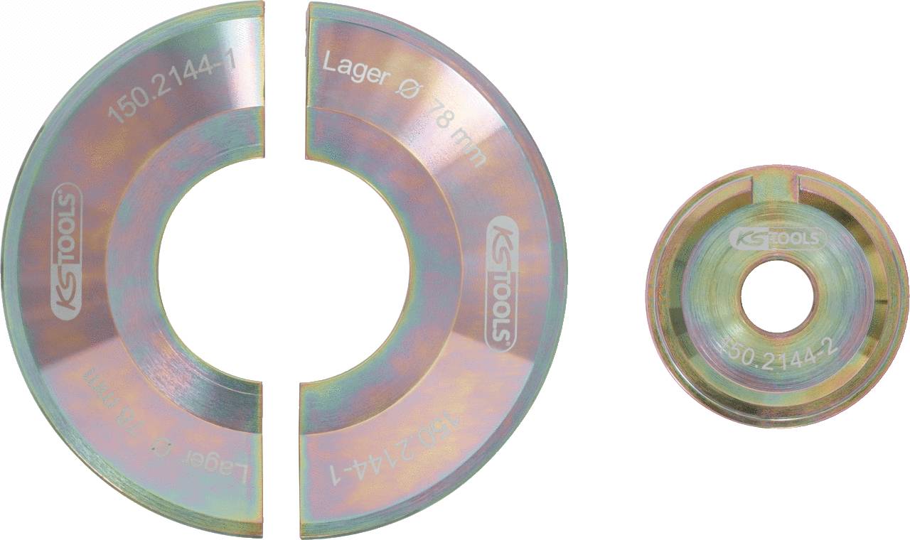 'Two round metal tools from KS Tools, one with a slot and marked 150.2144-1, the other smaller one marked 150.2144-2.'