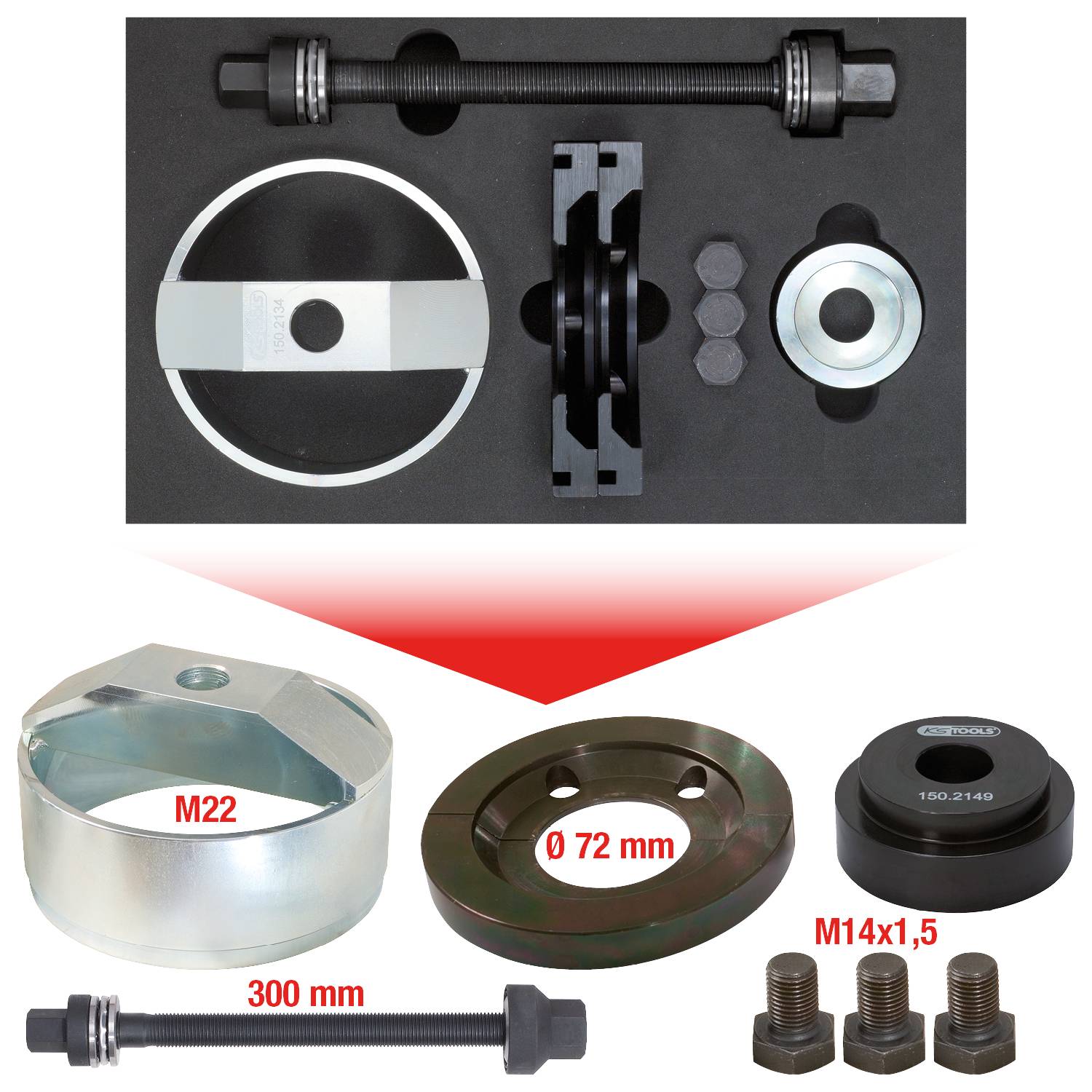 'Set of tools for assembly and disassembly of bearings, comprising screws, nuts, and special mounting plates.'