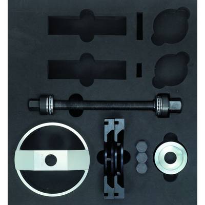 'Vehicle tool set for wheel bearing installation. Contains washers, screws and guide rods, organised in a secure moulded case.'