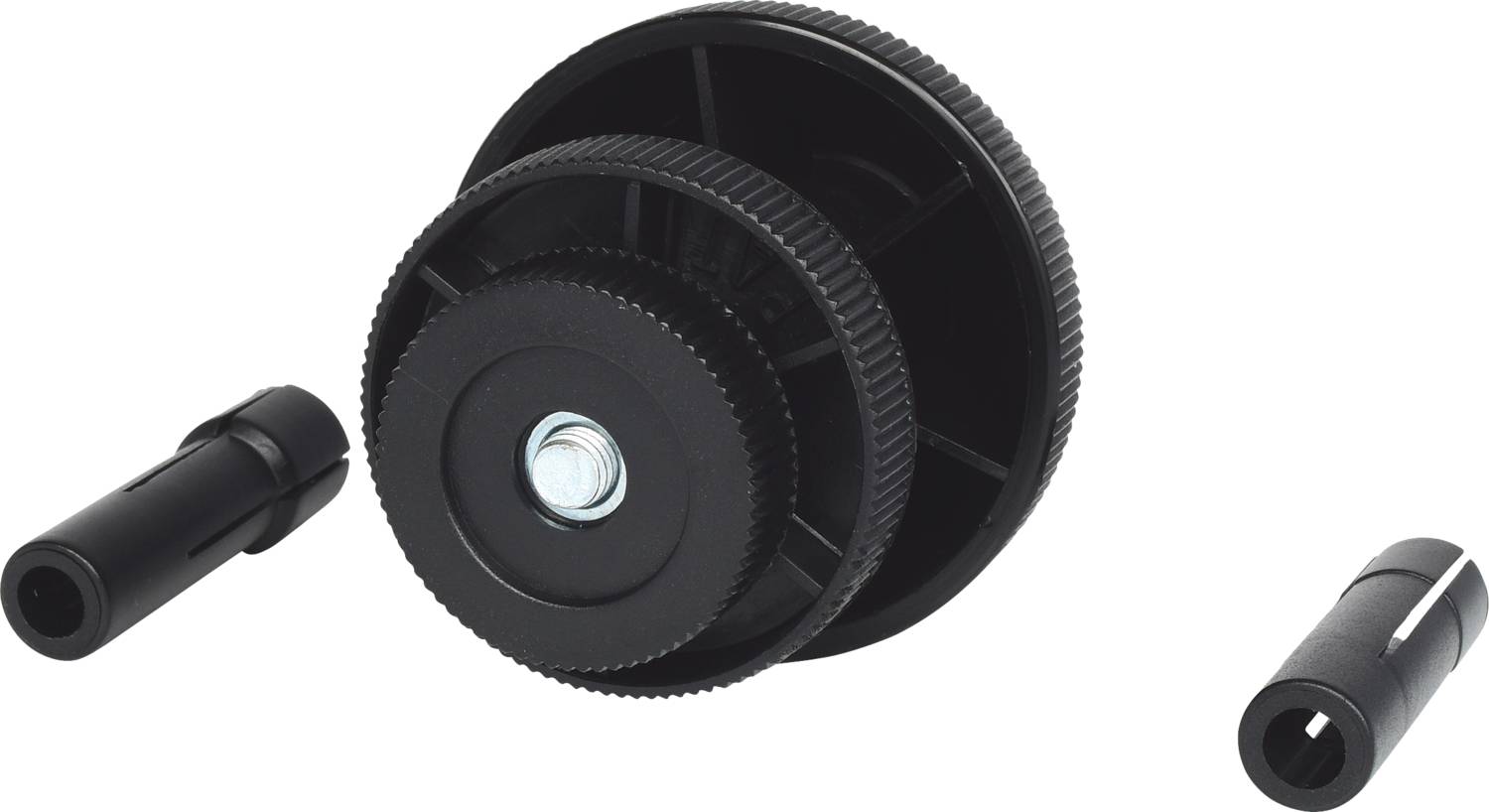 Two black plastic hand wheels, one large and one small, are placed with two equally sized adapter pieces on the left and right.