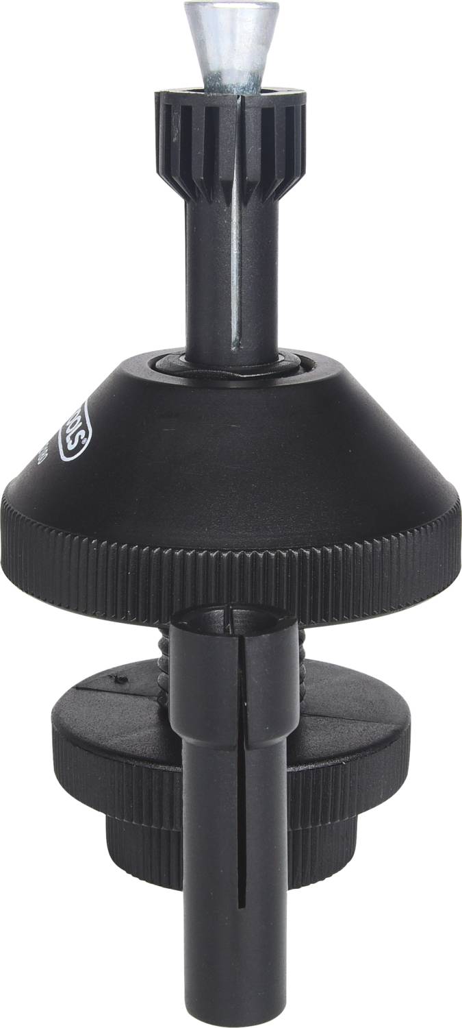 A black, cylindrical device with several adjustable parts, possibly an accessory for mounting or adjusting in technical applications.