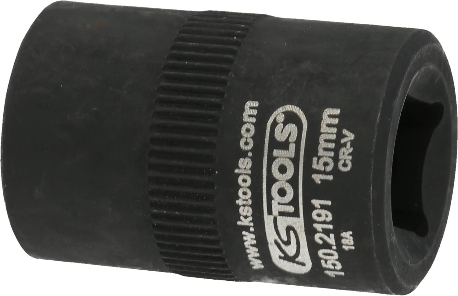 Black impact socket by KS Tools, size 15 mm, with knurling for better grip. Housing bears the inscription '150.2191 CR-V'.