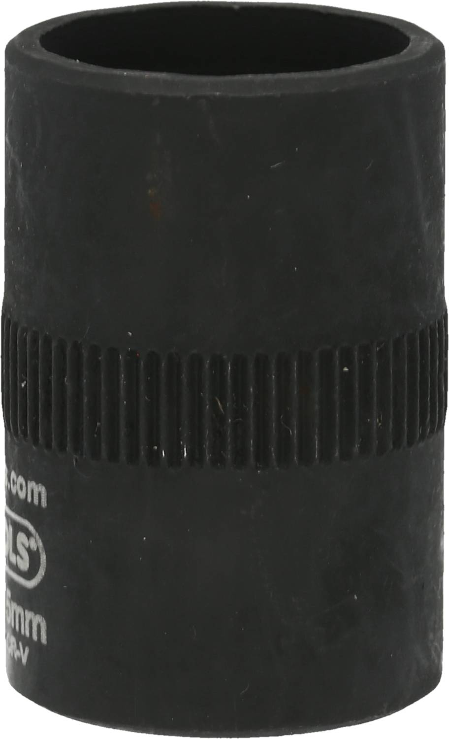 Black, cylindrical connecting piece with a ribbed central section, likely for pipe systems or hoses.