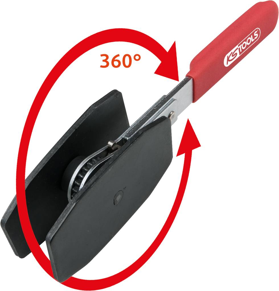 A brake caliper piston reset tool with a red handle shows a 360-degree rotation.
