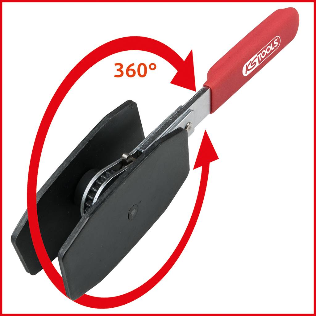 Brake caliper resetting tool with red handle, showing a 360-degree rotation function. Marked with 'KS Tools'.