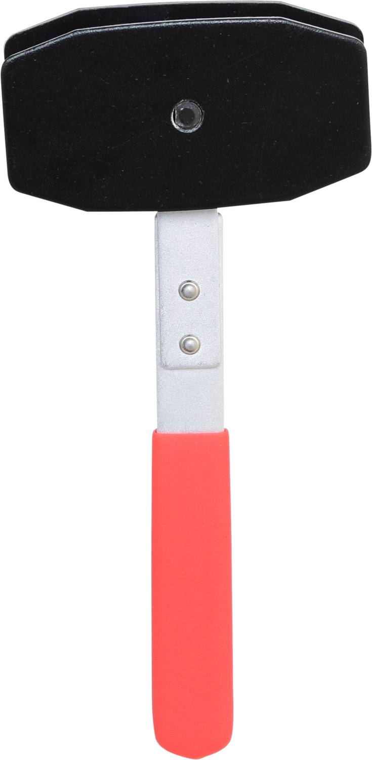 Rubber hammer with a red handle and black head, suitable for gentle strikes in craftsmanship or construction.