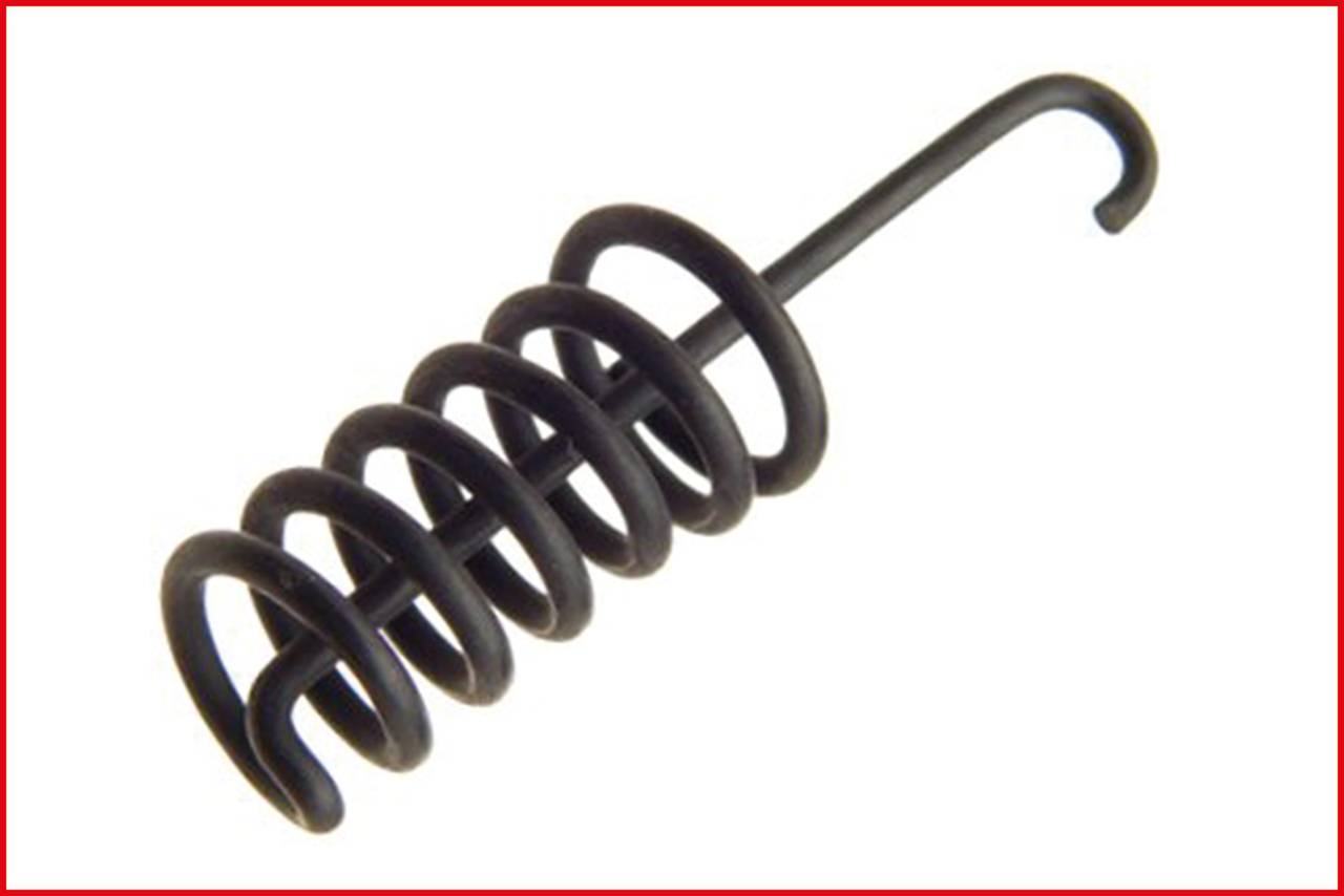 Black, spiral-shaped spring with a hook at the end on a white background.