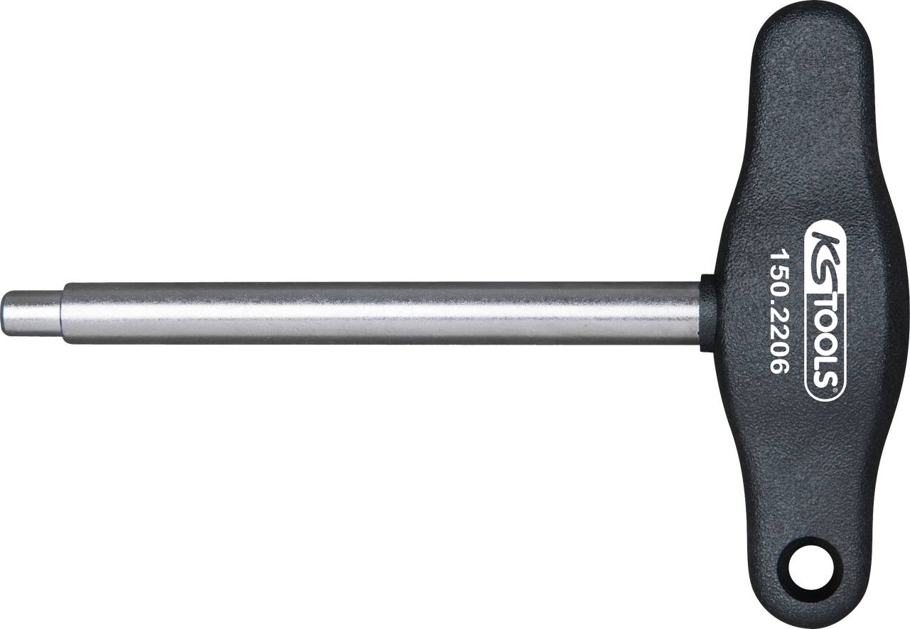 'T-Handled Screwdriver with Metal Shaft and Black Plastic Grip, Brand KS Tools, Model Number Printed: 150.2206.'