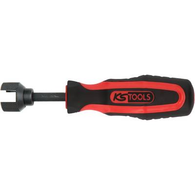 Screwdriver with black and red handle, brand 'KS Tools', lying sideways. Suitable for work with specialist screws.