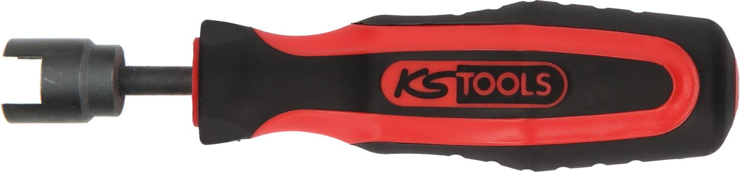 A screwdriver with a red and black handle, bearing a brand or logo.