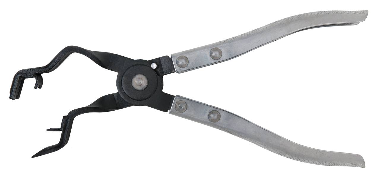 Pictured is a black pair of pliers with silver handles, specifically designed for removing hose clips during automotive maintenance.