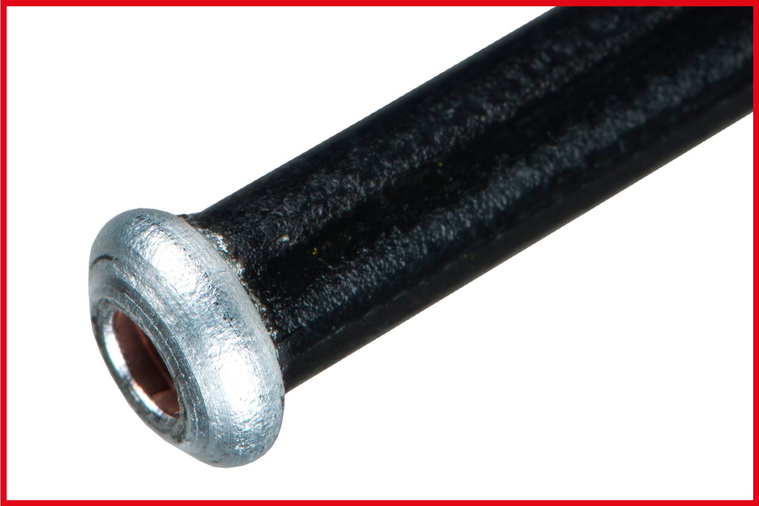 Metal rod with a silver ring at one end, against a white background. The rod is black with a smooth, shiny surface.