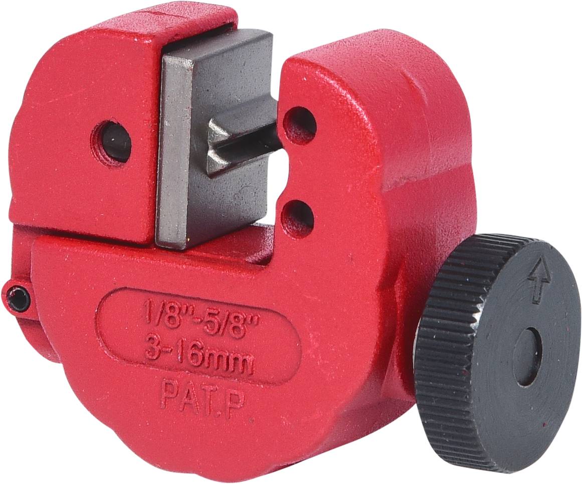Red pipe cutting tool with black rotating handle, suitable for pipe diameters of 3-16 mm.