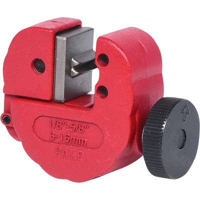 Red pipe cutting tool with black rotating handle, suitable for pipe diameters of 3-16 mm.