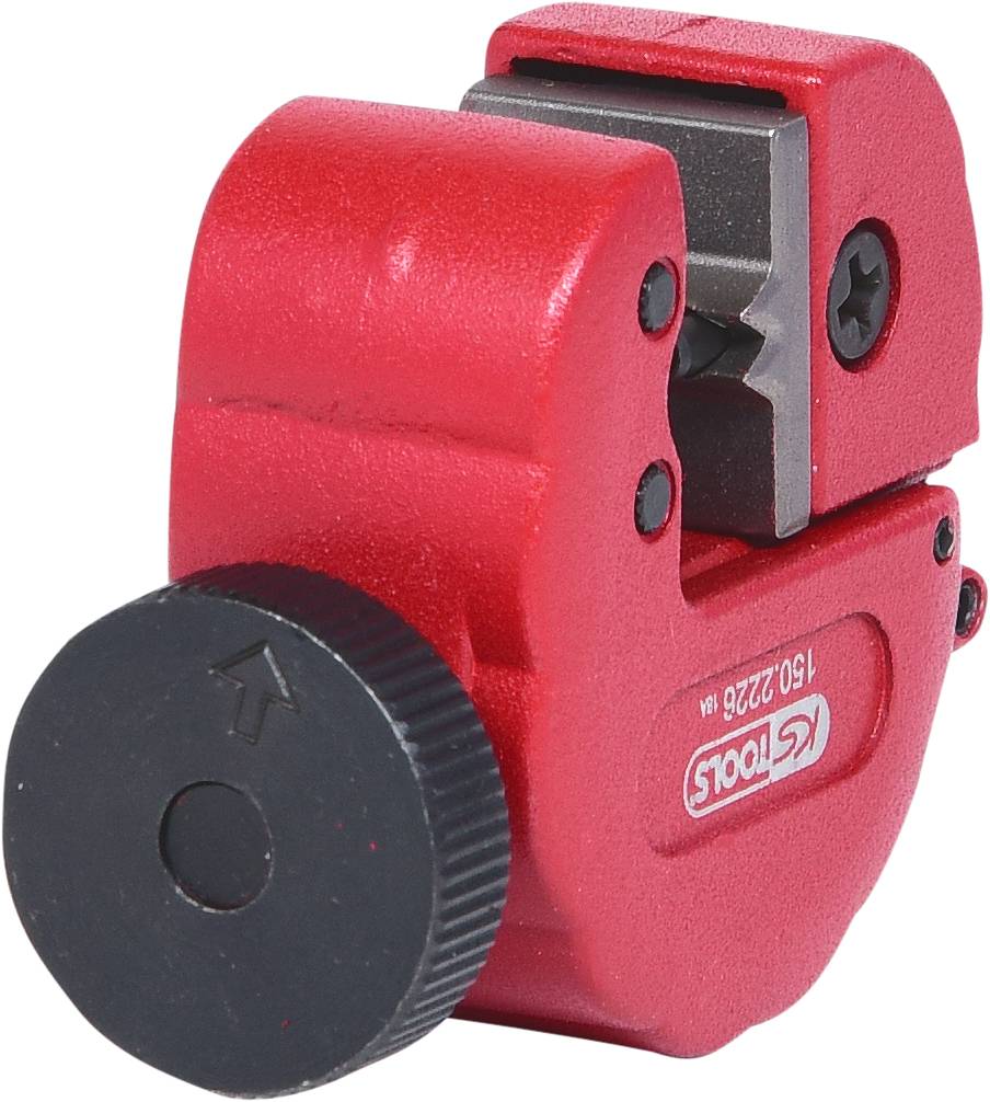 Red pipe cutter with black adjustment dial, suitable for metal pipes. Compact design, brand logo on the side.