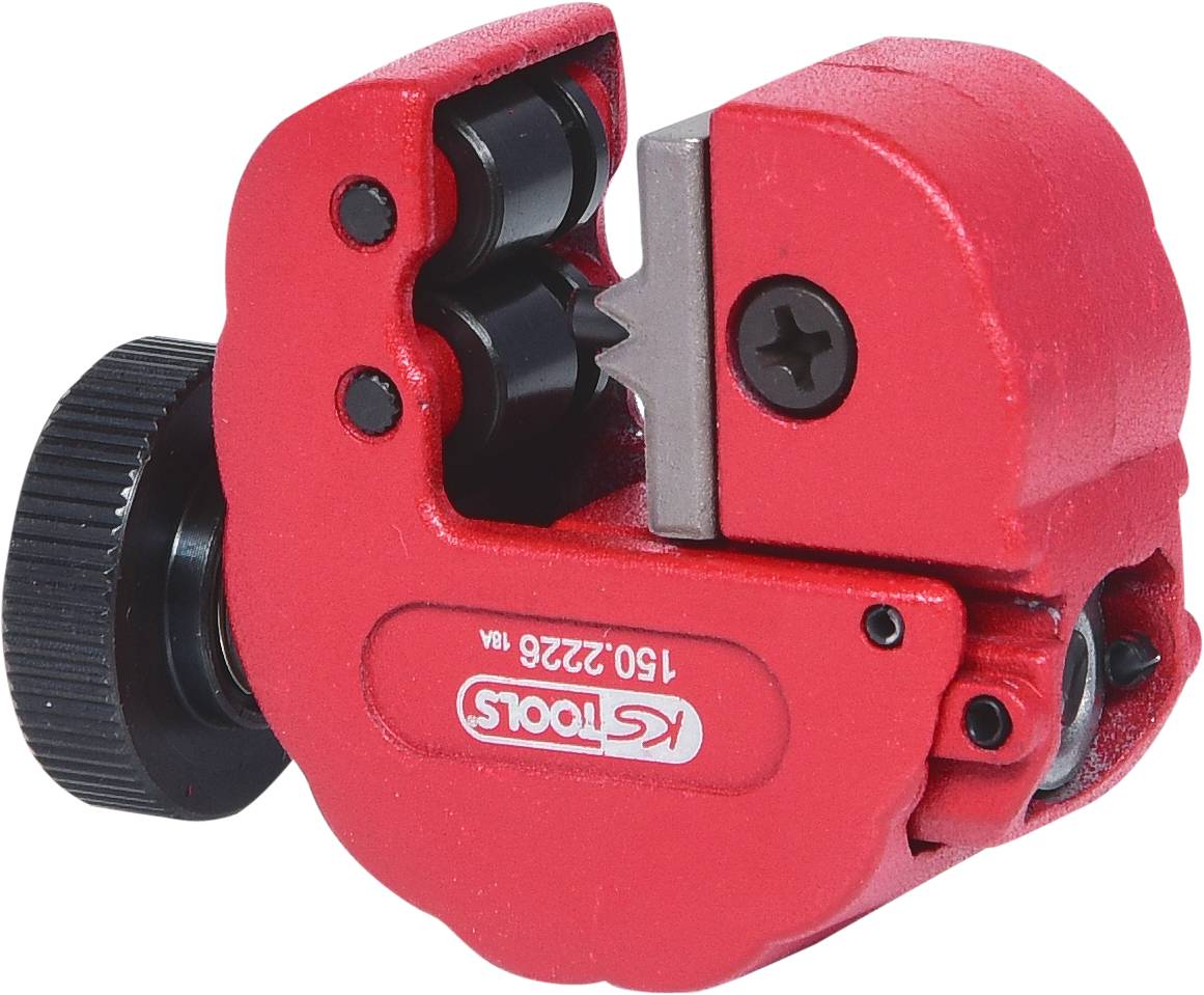 A red pipe cutter with a black adjustment screw, suitable for cutting copper and aluminium pipes.