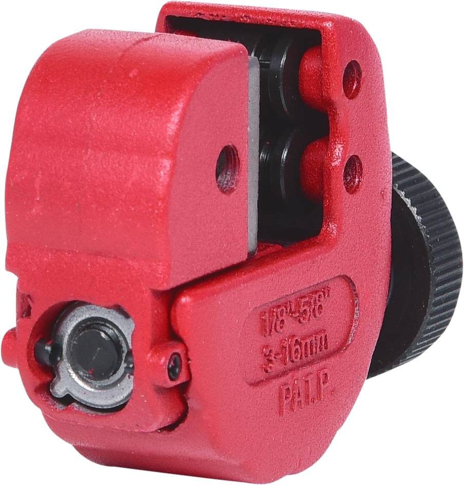 A red pipe cutter with a black turning knob, suitable for pipe diameters from 3 to 16 mm.