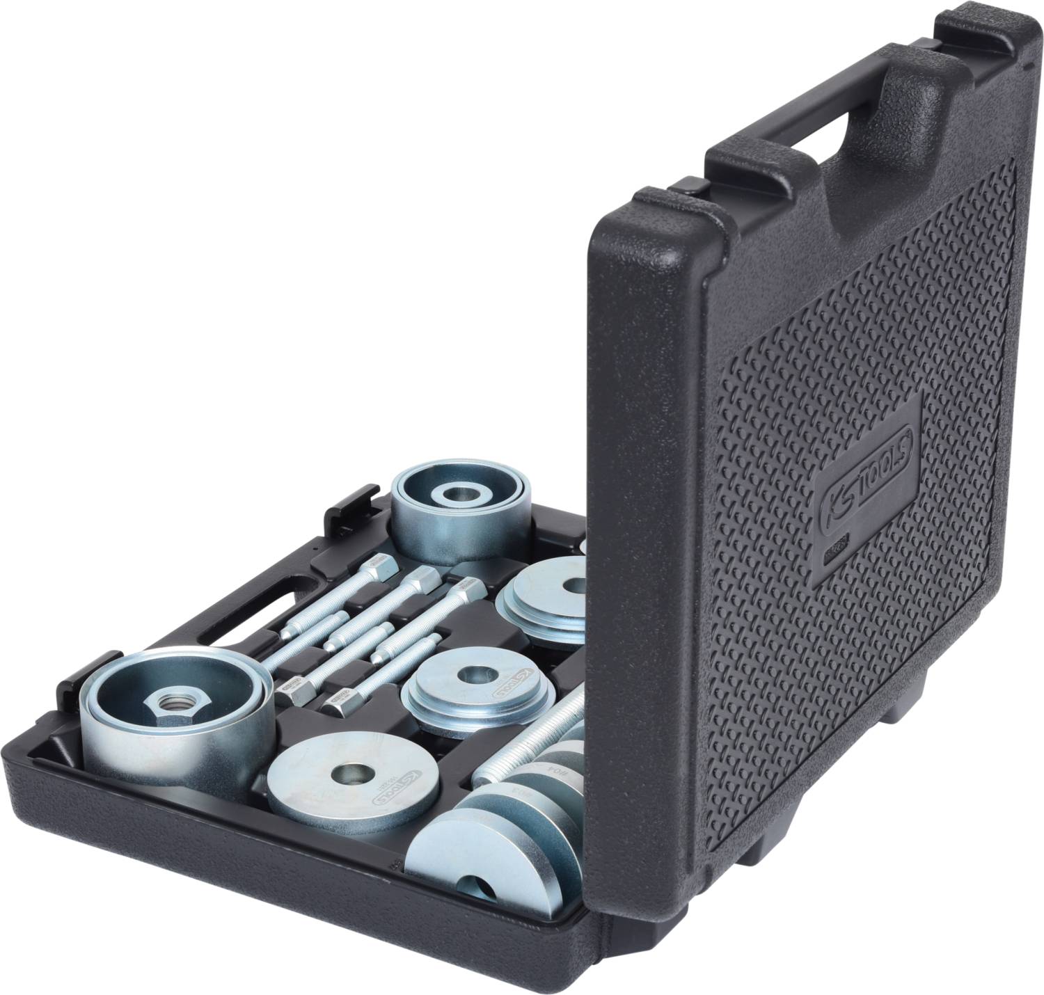 'Set of vehicle wheel bearing tool in black case, opened, showing various metal parts for bearing repair and maintenance.'