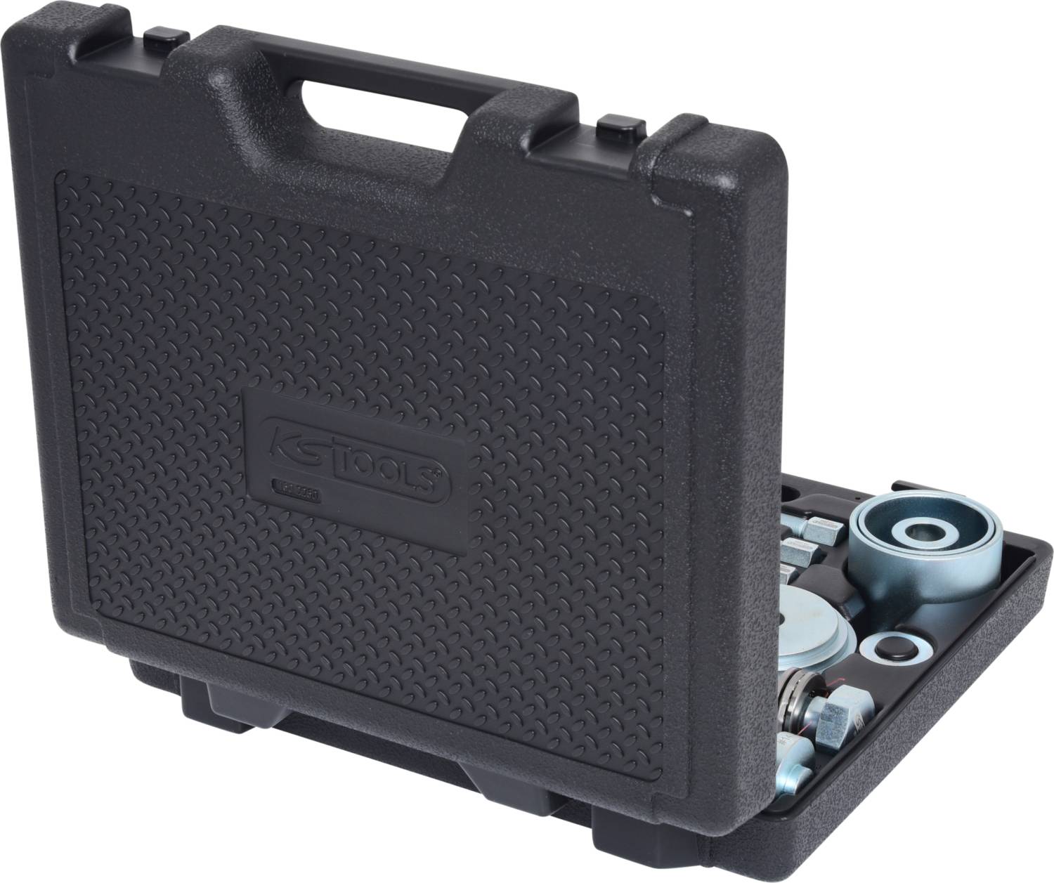 A black toolbox with a handle, partially open, displays various metal tools.