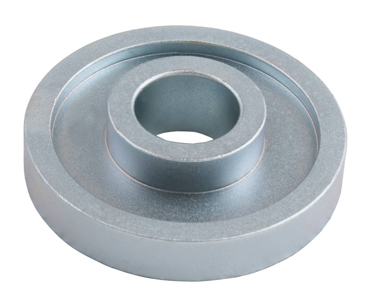 Metal disc with a central raised area in the middle, silver-coloured, on a white background.