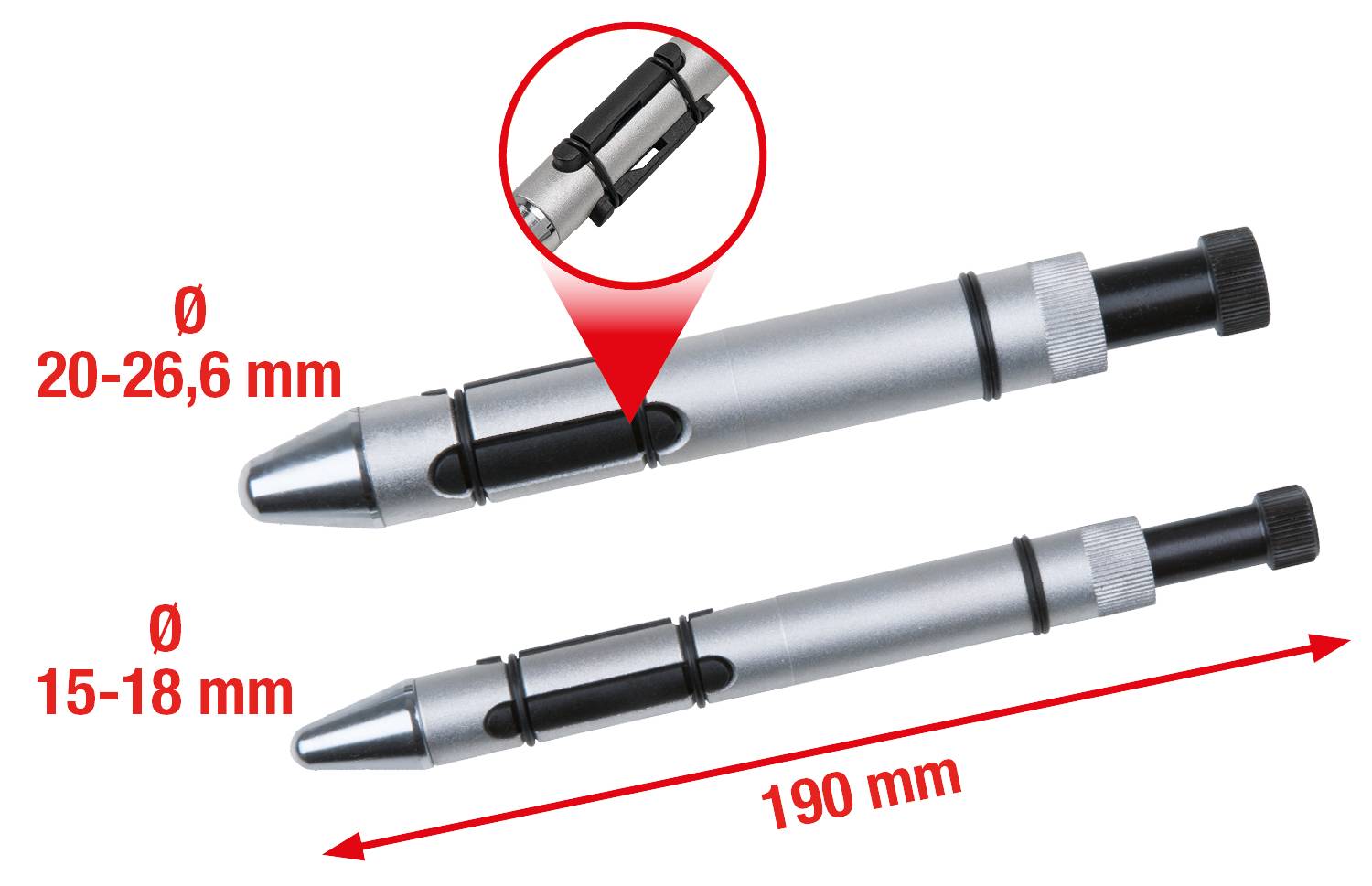 Two adjustable hole saws with diameter specifications: The upper one ranges from 20-26.6 mm, the lower from 15-18 mm. Total length 190 mm.