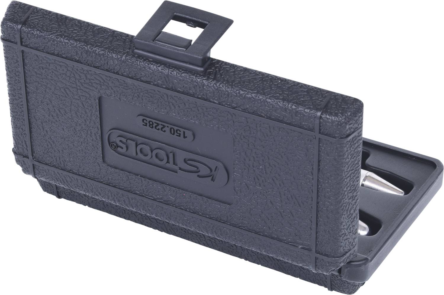 A black plastic case in a rectangular shape, with an open flap, reveals cut-outs for tools. A logo is visible on the case.
