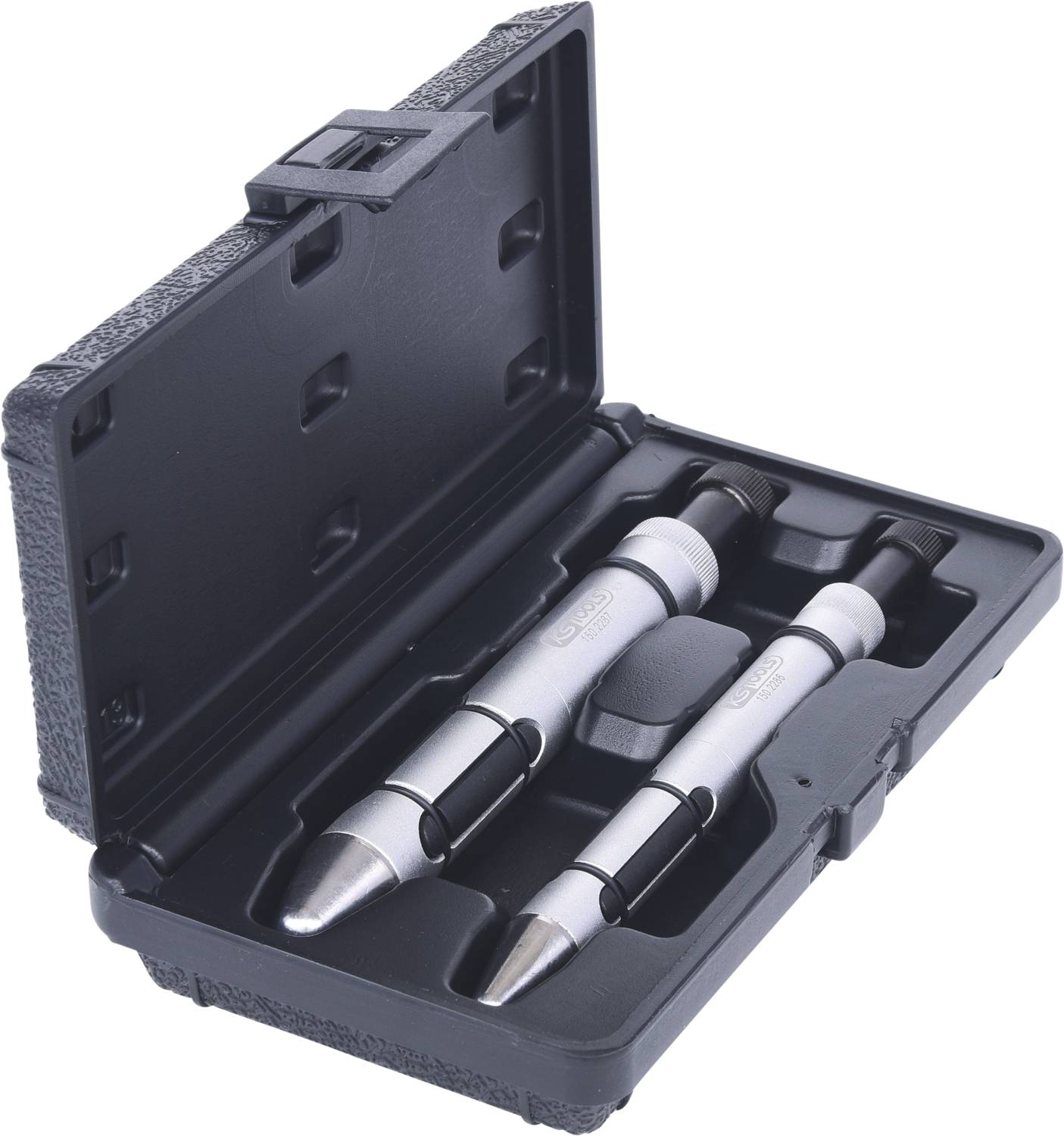 Metal drill bit set in a black plastic case. Contains two drill bits of different sizes with pointed ends for easy storage.
