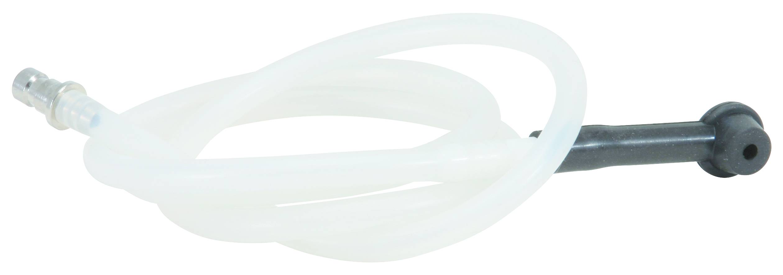 A white rubber hose with a black and silver connector, coiled up. Suitable for industrial or domestic applications.