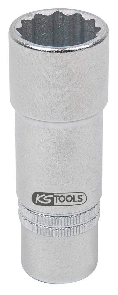 Metal socket with serrated opening, suitable for machine work. The surface is glossy, with a brand name printed on it.