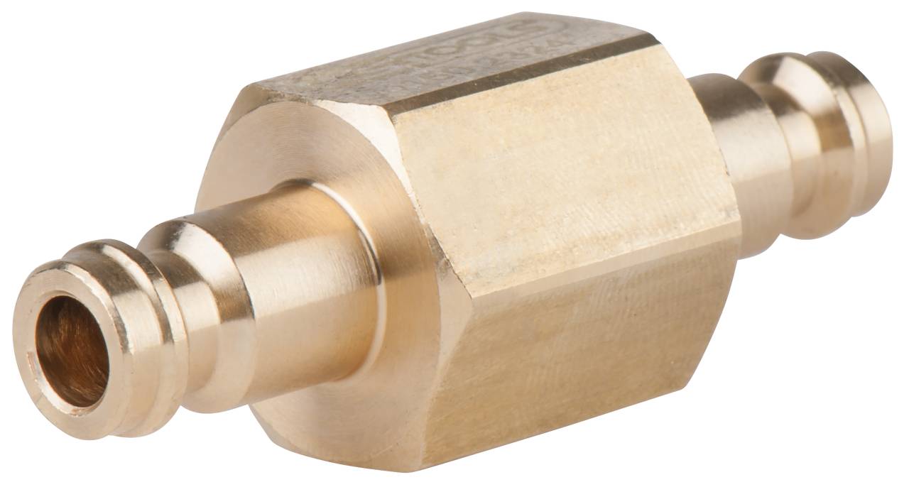 Brass quick-release coupling for air hoses, cylindrical in shape, with two connectors at the ends.