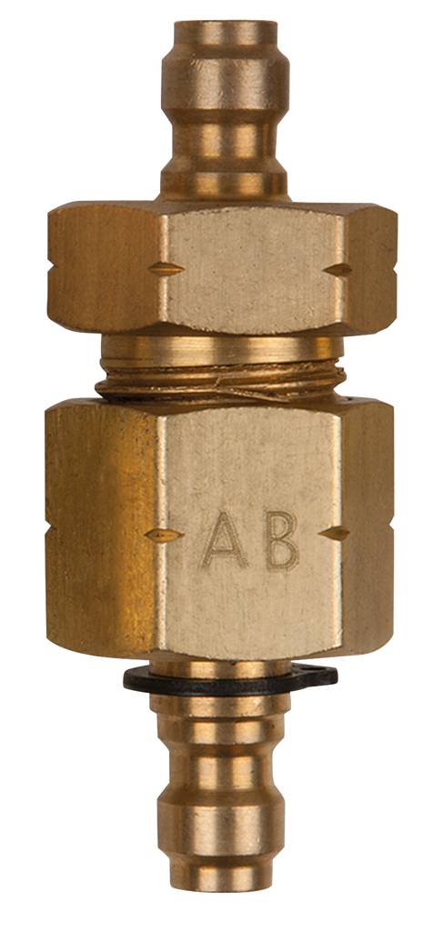 A brass valve with the marking 'AB'. It has connections at the top and bottom and may be used in technical applications.