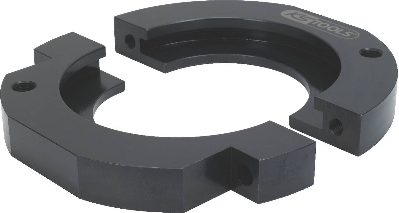 Two black half-rings with screw holes, used as a mounting tool or machine component.