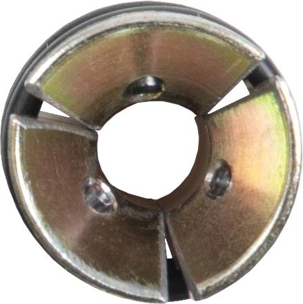 Metal ring with three evenly spaced slots, symmetrically arranged, on a white background.