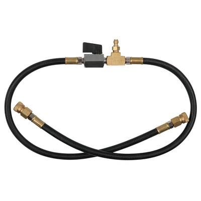 A black hose with golden connectors and a central valve to control the flow of liquid.