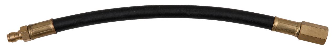 Black, flexible hose with brass fittings at both ends.