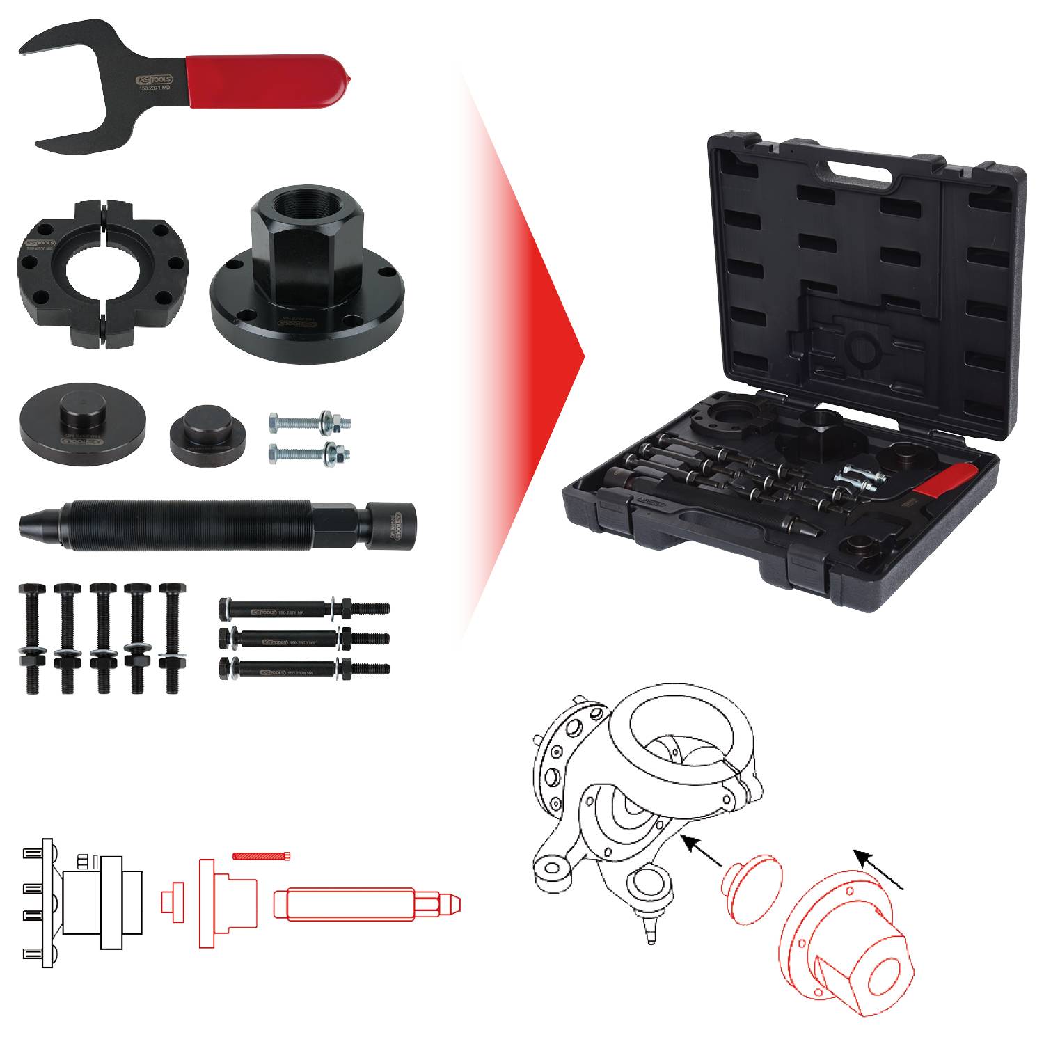 'Injector dismantling tool kit in red case. Contains adapters, screws, and specialist tools. Diagram shows assembly.'