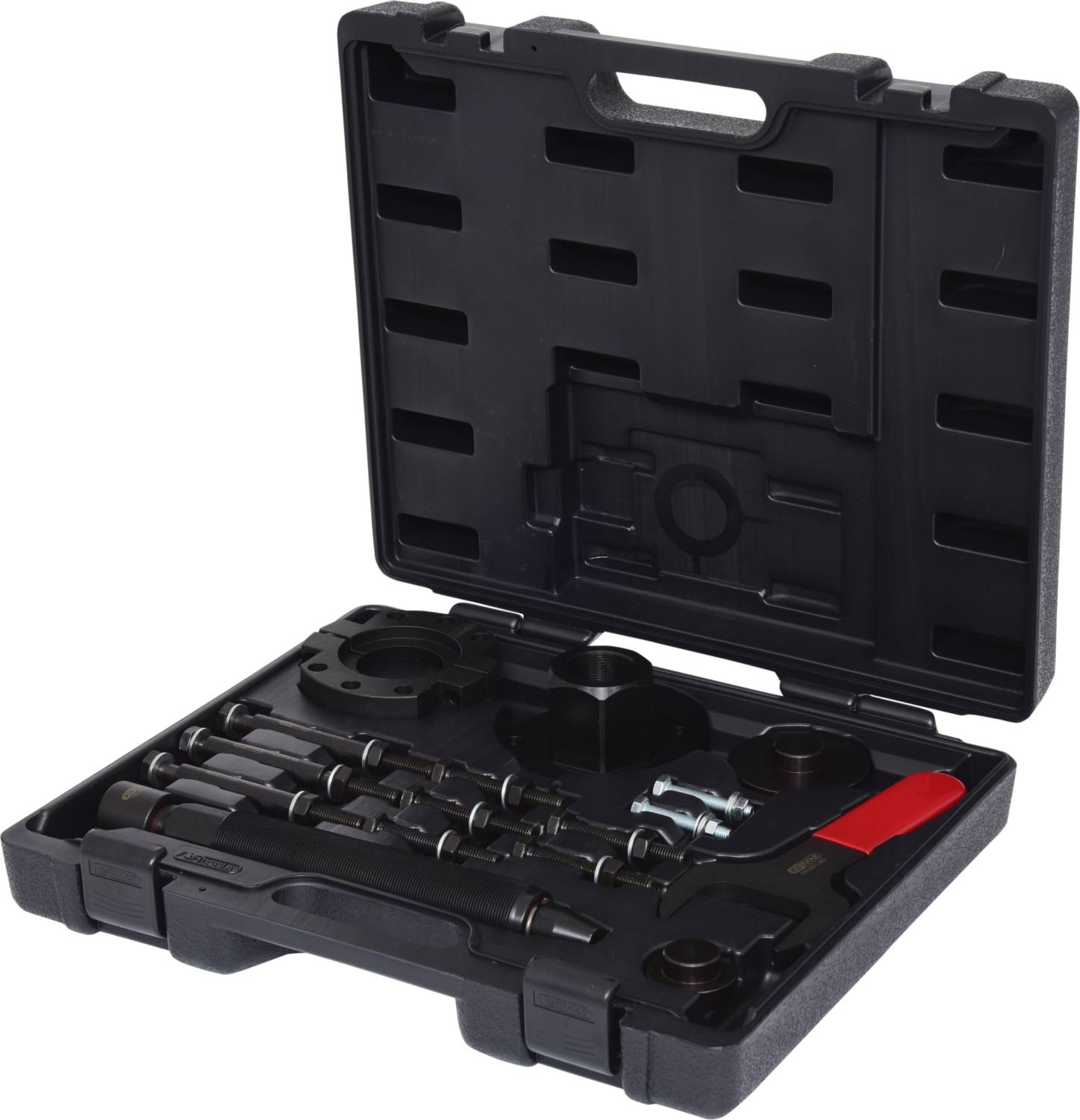 Open toolbox with various car repair tools, including screwdrivers, pliers and spare parts.