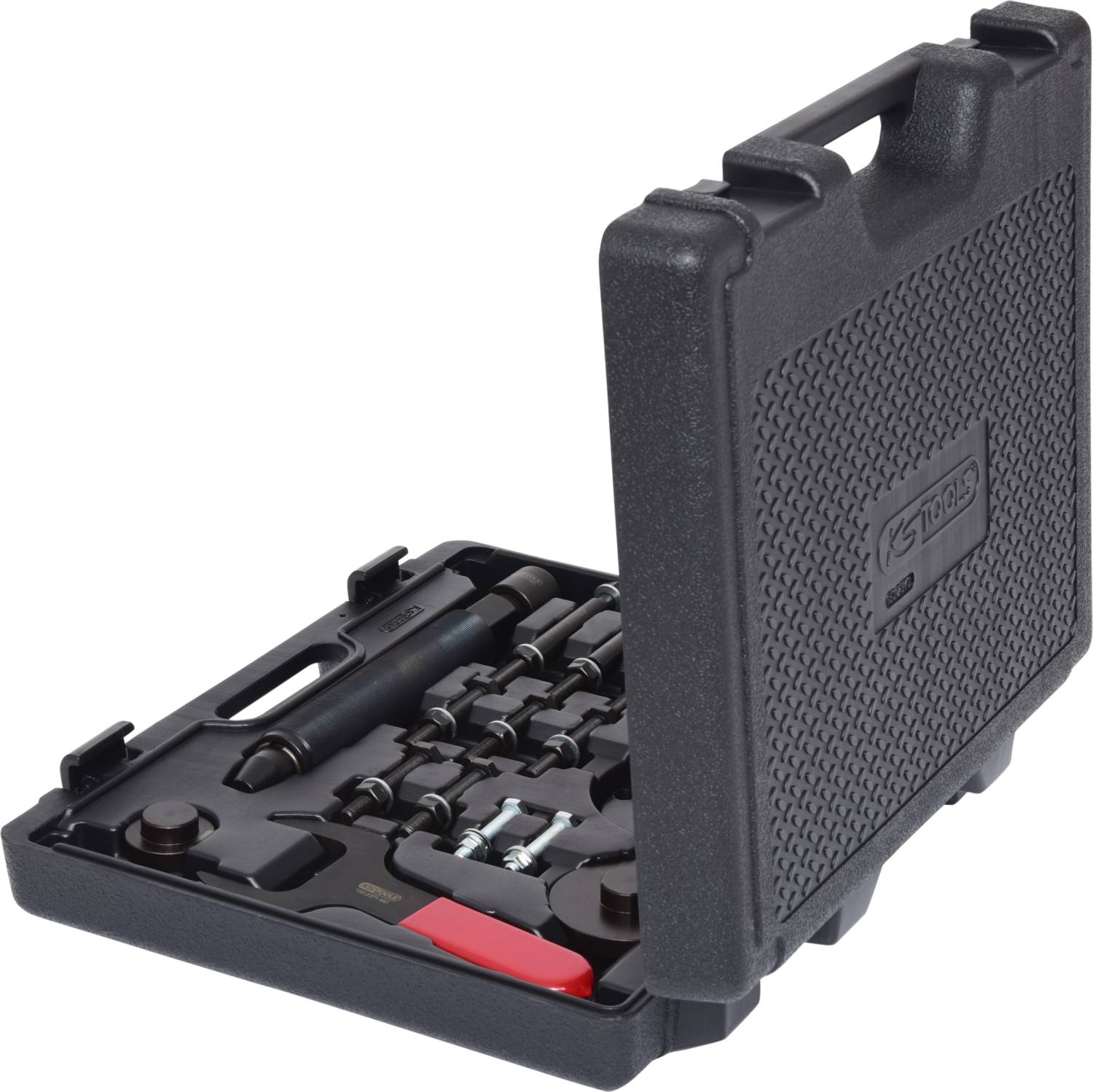 An open, black toolbox with various hand tools, including screwdrivers and spanners, on a white background.