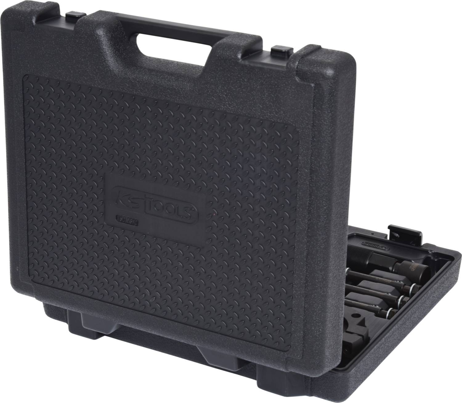 A black plastic case with a handle, slightly open, reveals tool inserts inside.