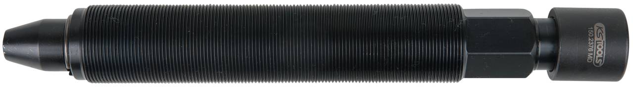 A black cylindrical tool attachment with a ridged surface and threaded screw.