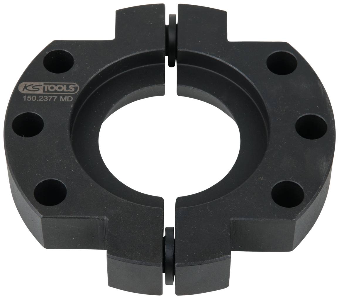 Black metal clamp, two-piece, with four screw holes, marked with 'KS TOOLS 150.2377 MD', used for holding elements together.