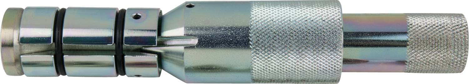 A silver metal anchor bolt with a knurled grip area, cylindrical shape, and multiple black rubber seals.