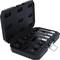 Black tool case with various attachments and metal parts, opened and fully equipped, suitable for repair work.