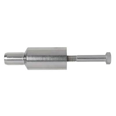 A silver metallic object with a cylindrical body and a protruding screw thread on the right-hand side.