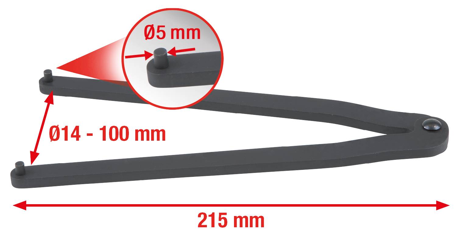 Screwdriver with interchangeable bit tips, maximum opening 100 mm, total length 215 mm, presented in a close-up shot.